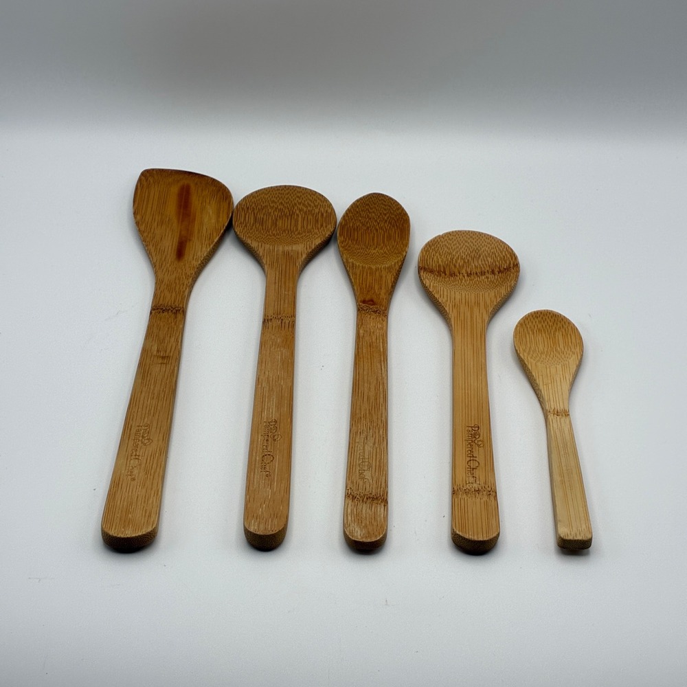 Pampered Chef Bamboo Kitchen Utensil Set Brown 5 Piece Spoons Spatulas